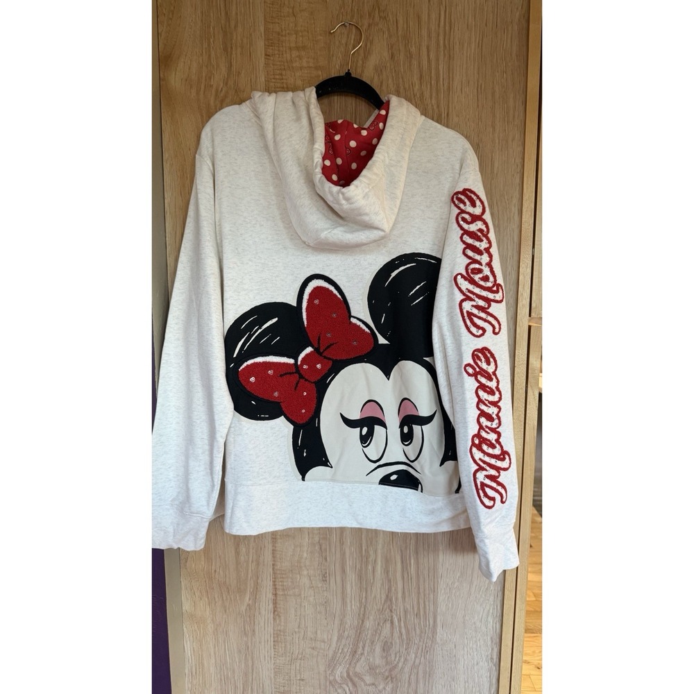 Disney Parks Sweatshirt Minnie Chenille Bow Red Gray Hoodie Size 1XL NWT